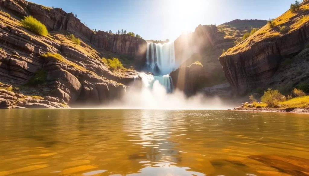 Shoshone Falls in all its seasonal splendor, cascading down a rugged basalt canyon against a backdrop of lush, verdant hills. In the foreground, a serene pool reflects the warm, golden light of a clear sky, inviting visitors to bask in the tranquility. Misty spray dances in the air, creating a mesmerizing interplay of light and water. The middle ground captures the scale and power of the falls, their thunderous roar echoing through the landscape. A wide-angle lens captures the scene's grandeur, showcasing the dramatic contrasts of the natural setting. The overall atmosphere is one of awe-inspiring natural beauty, perfectly capturing the seasonal experiences at Shoshone Falls.