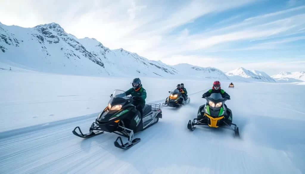 Snowmobiles racing across the frozen landscape of Sirmilik National Park