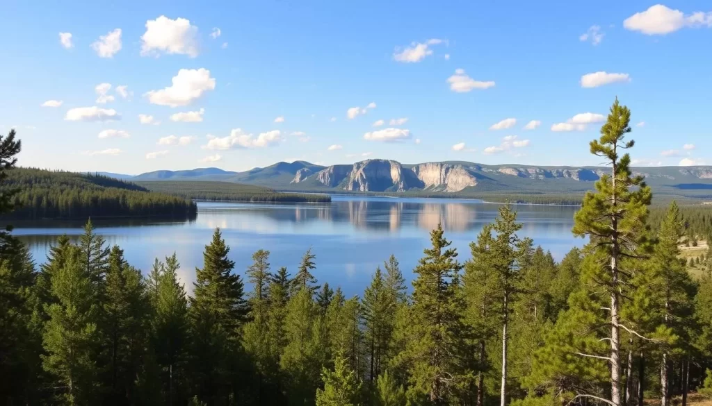 Sprawling boreal forest surrounding the serene waters of Cross Lake, Manitoba. In the foreground, lush green pines and birch trees sway gently in a warm summer breeze. Calm, glassy lake reflects the clear sky above, dotted with fluffy white clouds. Across the middle distance, rugged granite cliffs and rolling hills rise up, their weathered faces cast in soft, even lighting. Beyond, the horizon fades into a hazy blue expanse, evoking a sense of tranquility and the vastness of the Canadian Shield landscape. Warm, golden tones throughout create a peaceful, inviting atmosphere, drawing the viewer into this unspoiled natural wonder.