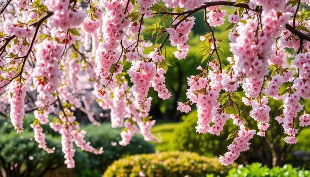 Springtime in Kagawa: a serene landscape adorned with delicate pink cherry blossoms. Capture the tranquil scene of a picturesque Japanese garden, with a gentle breeze rustling the lush foliage and cascading petals dancing in the air. Showcase the vibrant colors of the season - the soft hues of the blossoms complemented by the verdant greenery. Depict the setting with natural, ambient lighting that casts a warm glow, highlighting the beauty of this fleeting yet enchanting time of year. Compose the frame to showcase the harmonious blend of nature's artistry, creating a captivating image that transports the viewer to the heart of Kagawa's springtime splendor.