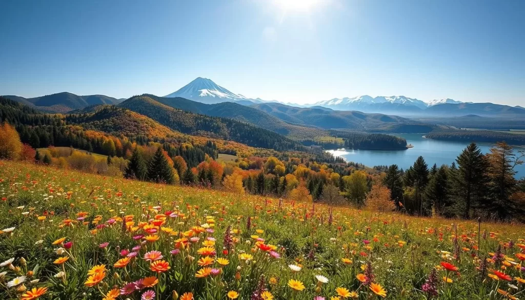Stunning landscape of Toyama Prefecture in Japan, showcasing its picturesque seasonal transformations. In the foreground, a lush meadow blanketed with vibrant wildflowers in bloom, dazzling under the warm, golden sunlight. In the middle ground, rolling hills adorned with verdant forests, their foliage shifting through shades of emerald, ochre, and crimson as the seasons change. The distant backdrop unveils the majestic, snow-capped peaks of the Northern Alps, their jagged silhouettes reflected in a tranquil lake. The scene radiates a sense of serene harmony, capturing the essence of Toyama's weather-savvy charm across its diverse natural landscapes.