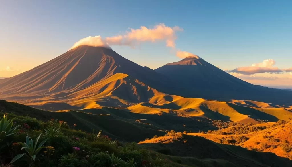 Stunning volcanic peaks rise dramatically against a clear azure sky, their jagged silhouettes casting dramatic shadows over lush rolling hills in the foreground. Wisps of smoke curl from the craters, hinting at the dormant power simmering below. Vibrant green foliage and wildflowers carpet the undulating terrain, creating a breathtaking tapestry of natural beauty. Warm, golden sunlight filters through wispy clouds, bathing the scene in a soft, ethereal glow. The perspective pulls back to reveal a panoramic vista, showcasing the sheer scale and majesty of this untamed volcanic landscape.