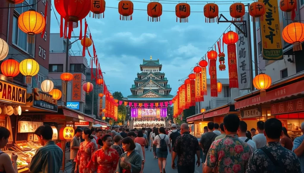 Summer festivals in the bustling city of Osaka, Japan. Vibrant lanterns and colorful streamers adorn the streets, casting a warm glow over the lively crowds. In the foreground, a group of people in traditional yukata stroll through the festival stalls, sampling local street food and browsing handcrafted souvenirs. In the middle ground, a grand stage showcases a energetic taiko drum performance, the thunderous beats reverberating through the air. In the background, the iconic Osaka Castle towers over the scene, its ancient walls a testament to the city's rich cultural heritage. The overall mood is one of joy, celebration, and a sense of timeless tradition in the face of the sultry summer heat.