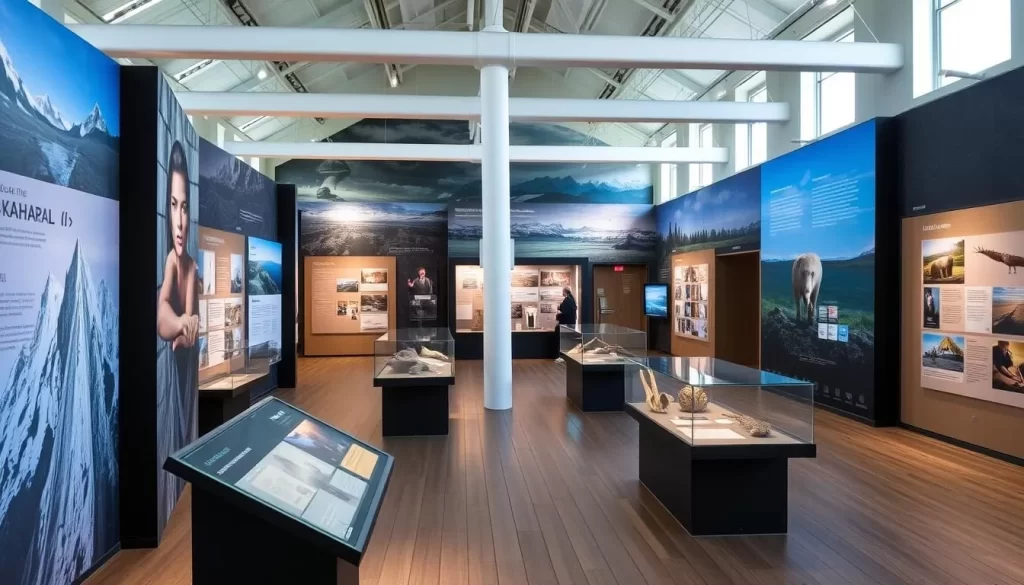 Svalbard Museum exhibition hall with exhibits on geology and wildlife