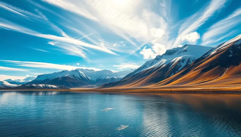 Sweeping glacial landscapes under a vivid azure sky, the vast expanse of Nunavut's Arctic climate unfolds. Rugged, snow-capped peaks rise majestically in the distance, their slopes dotted with patches of lichen and hardy tundra vegetation. In the foreground, a pristine, mirror-like lake reflects the surrounding scenery, its calm waters rippling gently in the cool breeze. Shafts of warm, golden sunlight filter through wispy clouds, casting a serene, ethereal glow over the scene. The overall mood is one of awe-inspiring natural beauty, showcasing the unique and captivating essence of Nunavut's extreme yet stunning Arctic environment.