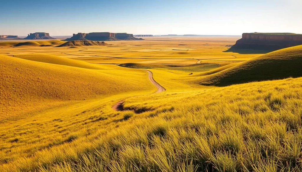 Sweeping grasslands of Grasslands National Park, Saskatchewan, Canada. A panoramic vista showcases rolling hills blanketed in lush, verdant grasses basking in warm, golden sunlight. In the middleground, a winding trail meanders through the landscape, inviting exploration. Distant buttes and escarpments form a majestic backdrop, their layered rock formations sculpted by time. The scene exudes a sense of tranquility and timelessness, capturing the serene beauty of this protected natural wonder. Photograph this vista with a wide-angle lens to accentuate the vast, open space and heighten the viewer's connection to this enchanting environment.