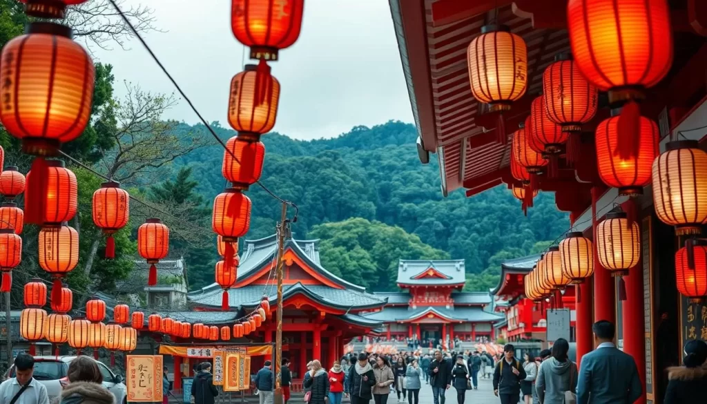 Terukuni Shrine Rokugatsudo Lantern Festival: A vibrant display of traditional Japanese culture. In the foreground, rows of ornate lanterns sway gently, their soft light casting a warm glow over the tranquil scene. In the middle ground, visitors stroll among the historic shrine buildings, admiring the intricate architecture and vibrant crimson lacquer. In the background, a lush green landscape of rolling hills and towering trees provides a serene natural backdrop. The atmosphere is one of reverence and celebration, with the festival's ancient traditions and modern appreciation coexisting in perfect harmony. Capture the essence of this enchanting event with crisp, realistic details and a serene, atmospheric mood.