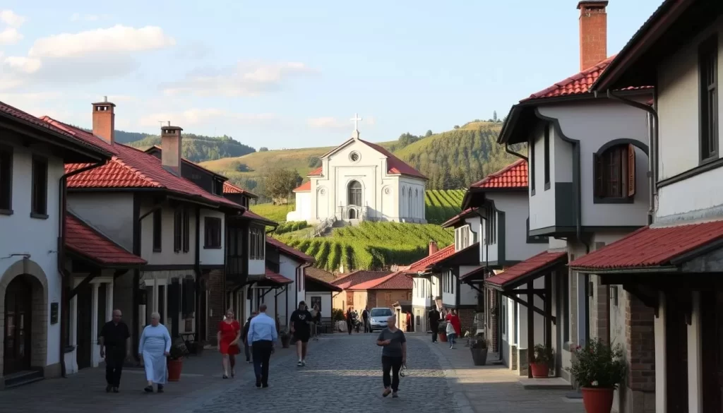 Topola, Serbia Travel: A serene village nestled among rolling hills, cobblestone streets flanked by traditional Serbian houses, their red-tiled roofs shimmering in the warm afternoon sun. In the foreground, locals stroll leisurely, capturing the tranquil pace of life. The middle ground reveals the iconic Oplenac Church, its white marble exterior gleaming, its Byzantine-inspired architecture a testament to the country's rich heritage. In the background, lush vineyards cascade down the gentle slopes, hinting at the renowned winemaking tradition of the region. A wide-angle lens captures the scene, inviting the viewer to immerse themselves in the charming ambiance of this Serbian gem.
