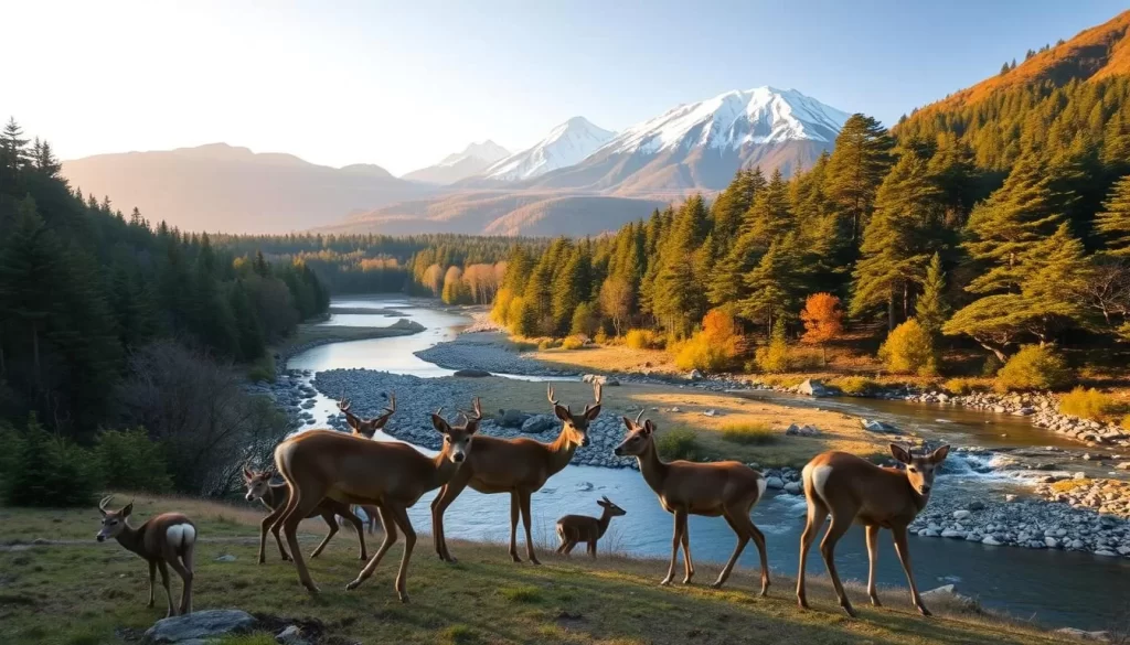 Towada Hachimantai National Park, a serene wilderness in Japan, showcasing a diverse tapestry of lush forests, pristine lakes, and majestic mountains. In the foreground, capture a family of deer gracefully grazing, their sleek coats glistening in the warm afternoon sun. The middle ground reveals a picturesque stream winding through the landscape, its crystal-clear waters reflecting the surrounding foliage. In the distance, towering peaks rise, their snow-capped summits bathed in a soft, golden glow, creating a breathtaking panoramic view. Utilize a wide-angle lens to encompass the grandeur of this natural wonder, and employ soft, diffused lighting to evoke a sense of tranquility and wonder.