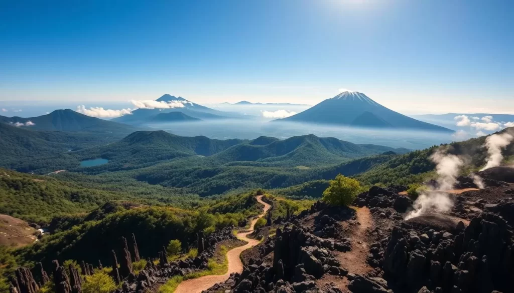 Towering volcanic peaks, shrouded in mist, rise majestically against a backdrop of a clear azure sky. Lush, verdant forests stretch out across the rolling hills, punctuated by the occasional glimmering lake or cascading waterfall. In the foreground, a winding trail leads through a landscape of basalt columns and steaming fumaroles, inviting the viewer to explore the dynamic, ever-changing geological wonders of Hakusan National Park. The scene is illuminated by warm, diffused sunlight, creating a sense of tranquility and wonder. Capture the breathtaking vistas of this volcanic wonderland in a wide-angle, high-resolution photographic style.