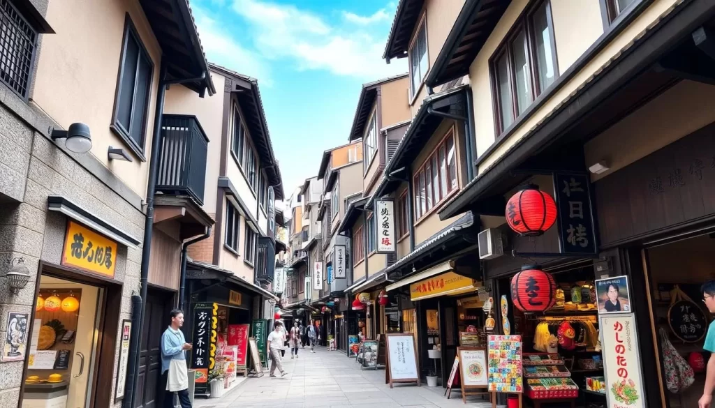 Traditional Japanese shopping alley with historic buildings and local shops