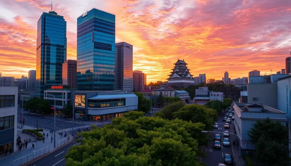 Tsu cityscape at golden hour, a picturesque view of Mie Prefecture's capital. Towering skyscrapers rise against a vibrant sky, their glass facades reflecting the warm glow of the setting sun. In the foreground, a bustling street scene with pedestrians and vehicles navigating the lively urban landscape. Lush greenery lines the sidewalks, adding a touch of nature to the metropolitan setting. In the distance, the iconic Tsu Castle stands proud, its historical architecture juxtaposed with the modern architecture surrounding it. The scene conveys a harmonious blend of tradition and modernity, inviting the viewer to explore the heart of this dynamic Japanese city.