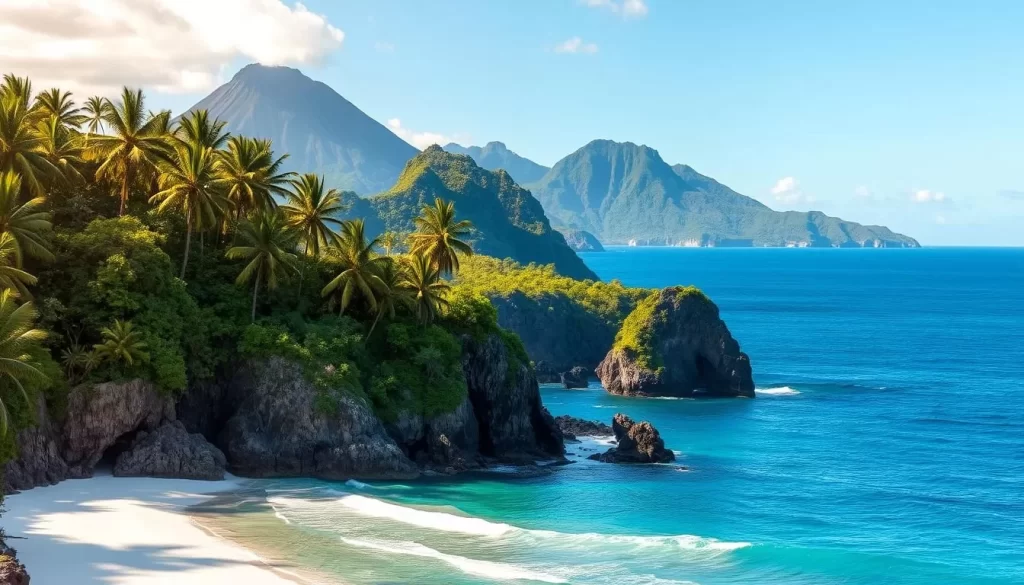 Vast blue ocean stretches to the horizon, dotted with lush, verdant islands rising from the gentle waves. Jagged cliffs plunge into turquoise waters, their rugged faces softened by cascading foliage. Towering palm trees sway in the warm breeze, casting dappled shadows on the white sandy beaches below. In the middle distance, volcanic peaks pierce the clear sky, their slopes blanketed in dense, primeval forests. The scene is bathed in the golden glow of a setting sun, its warm light infusing the landscape with an almost otherworldly tranquility. This is a paradise of natural wonder, a serene oasis waiting to be explored.