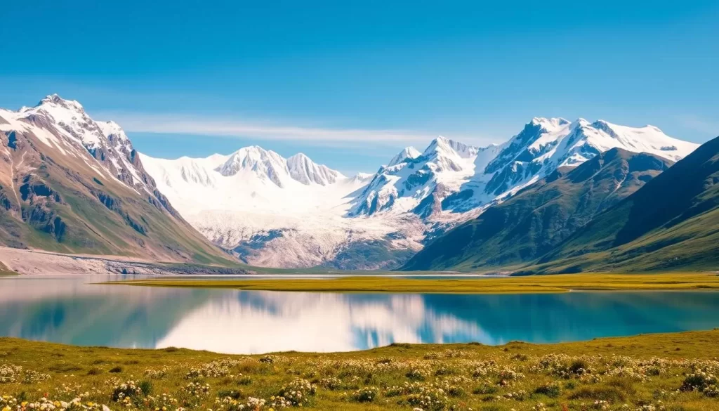 Vast, snow-capped peaks rise against a crisp azure sky, their jagged edges dusted with a fresh layer of pristine white. In the foreground, a tranquil glacial lake reflects the majestic landscape, its crystal-clear waters mirroring the rugged beauty of the surrounding mountains. Lush, verdant meadows dotted with wildflowers stretch out towards the horizon, creating a breathtaking contrast with the imposing glaciers that carve through the valley. Warm, diffused sunlight bathes the scene in a soft, golden glow, lending an ethereal quality to the awe-inspiring natural wonder. This is the breathtaking Auyuittuq National Park, a true gem of the Canadian Arctic.