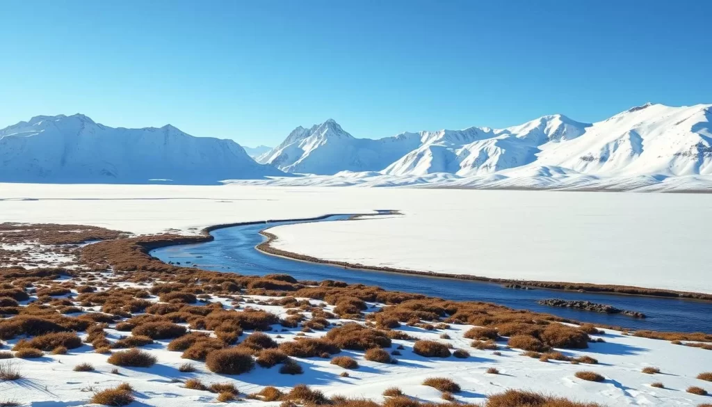 Vast, sweeping vistas of the Arctic tundra, blanketed in a pristine white mantle of snow. Towering mountains rise majestically in the distance, their jagged peaks jutting towards a clear, azure sky. In the foreground, a patchwork of hardy, low-growing vegetation in shades of green and brown contrasts with the icy expanse. Amidst the tranquil scene, a meandering river winds its way, its surface reflecting the surrounding landscape in a shimmering mirror. Crisp, diffused sunlight bathes the scene, casting long shadows and imbuing the entire landscape with a sense of serene, untouched beauty. Capture the essence of Aulavik National Park's unique, arctic splendor.