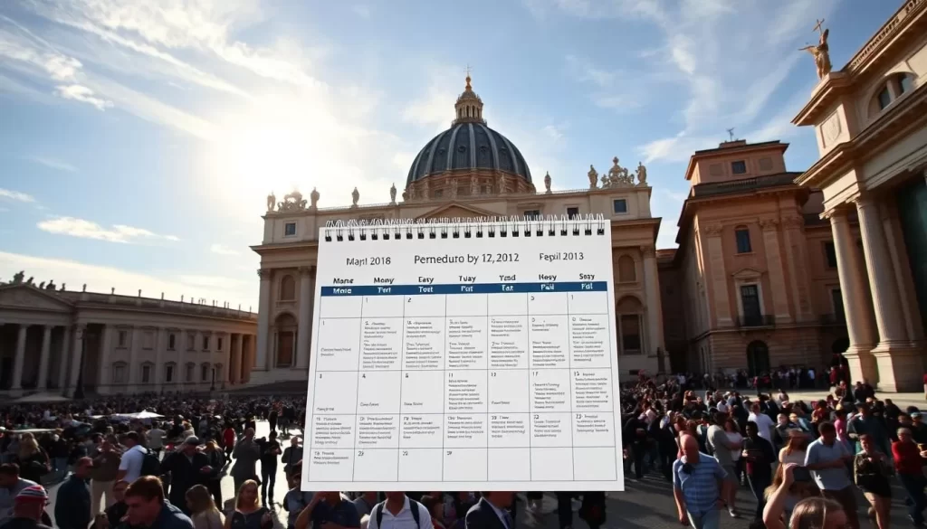 Vatican events calendar, a stunning display showcasing the rich tapestry of religious festivities throughout the year. Capture the grandiose architecture of St. Peter's Basilica as the sun casts a warm glow, illuminating the intricate details of its façade. Depict the bustling Piazza, where crowds of devotees and tourists gather, creating a vibrant atmosphere. In the middle ground, showcase a meticulously designed calendar, its pages flipping to reveal the upcoming special events, from the solemn celebrations of Easter to the joyous pageantry of the Papal Blessing. In the background, paint a clear sky, with wispy clouds drifting lazily, setting the stage for a weather-savvy visit to the Vatican's rich tapestry of traditions.