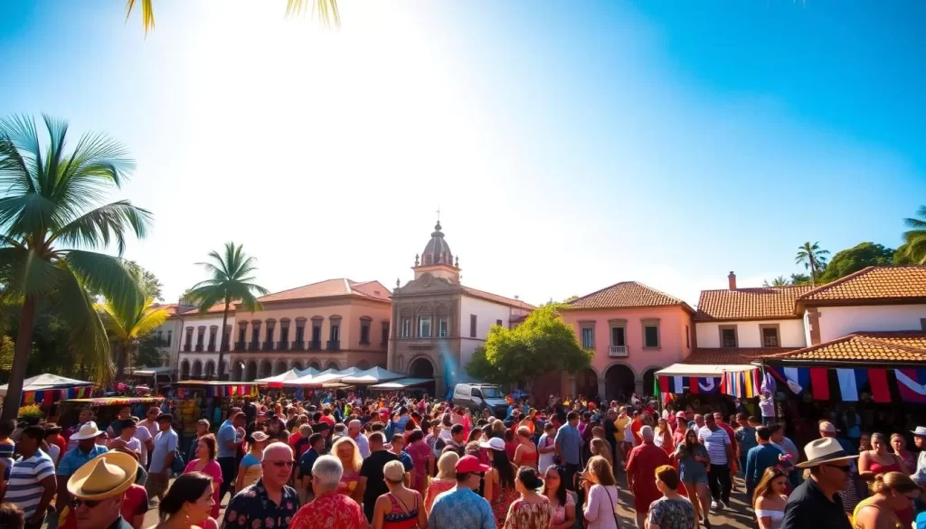 Vibrant Costa Rican national holiday celebrations unfold under a brilliant blue sky. In the foreground, crowds of revelers in colorful traditional costumes dance to the rhythmic beats of lively music. Majestic palm trees sway gently in the warm breeze, framing the scene. In the middle ground, vendors sell an array of local crafts and delicacies, their stalls adorned with vibrant banners. In the background, historic Spanish colonial-style buildings with terracotta roofs provide a picturesque backdrop, bathed in the golden glow of the afternoon sun. The overall atmosphere is one of joyous celebration, captured through a lens that emphasizes the vivid colors, lively energy, and cultural richness of Costa Rica's national holiday festivities.