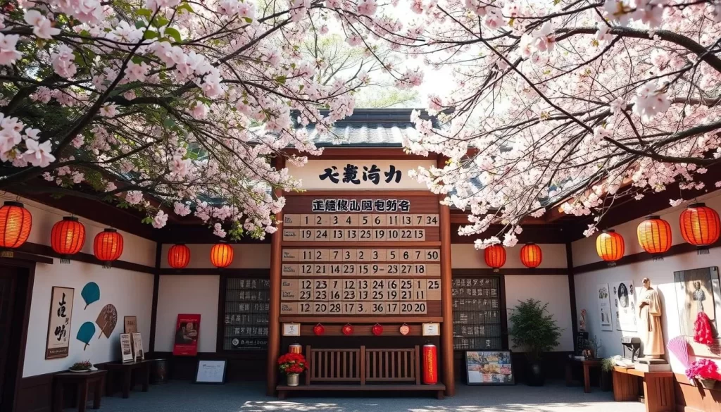 Vibrant Kagoshima Festival Calendar: A serene traditional Japanese courtyard framed by lush cherry blossom trees. At the center, a large wooden calendar structure displays the upcoming festival dates in elegant calligraphy. Intricate details of the festival activities and cultural symbolism adorn the surrounding walls - lanterns, fans, and delicate floral arrangements. Warm natural lighting filters through the scene, casting a welcoming glow. The atmosphere exudes a sense of anticipation and reverence for the upcoming festivities. The overall composition conveys a harmonious fusion of modernity and timeless Japanese heritage, inviting visitors to immerse themselves in the rhythms of the local cultural calendar.