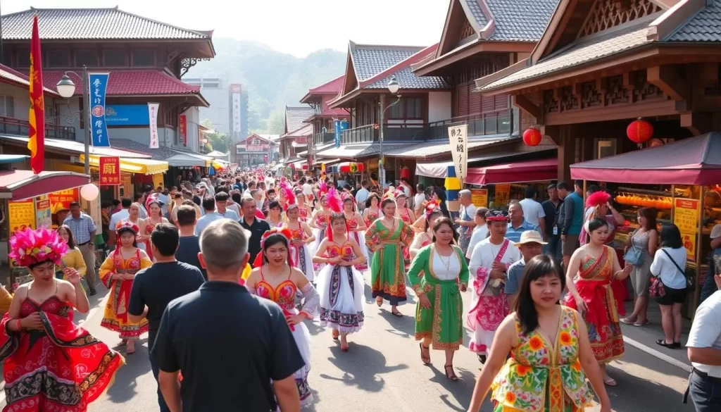 Vibrant Okinawan festival scene, showcasing the island's rich cultural heritage. In the foreground, colorful processions of dancers and musicians in traditional costumes parade through the streets, their movements graceful and energetic. In the middle ground, lively crowds of locals and tourists gather around stalls selling authentic Okinawan street food and handicrafts. The background features the distinctive Okinawan architecture, with its red-tiled roofs and intricate wooden carvings, bathed in the warm glow of the sun. Create a sense of joyous celebration and immerse the viewer in the vibrant atmosphere of an Okinawan festival.
