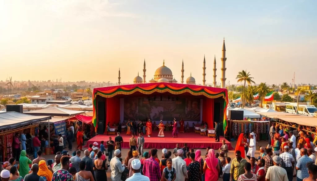 Vibrant Somali festival calendar, showcasing the colorful cultural celebrations throughout the year. A lively center stage with traditional dancers adorned in intricate costumes, surrounded by a bustling market scene filled with artisan stalls and the aroma of spices. In the background, a panoramic view of the Mogadishu skyline, with towering minarets and palm trees swaying in the warm, golden sunlight. Capture the joyous energy and rich heritage of Somalia's diverse festivals, inviting viewers to immerse themselves in the rhythmic beats and captivating festivities.