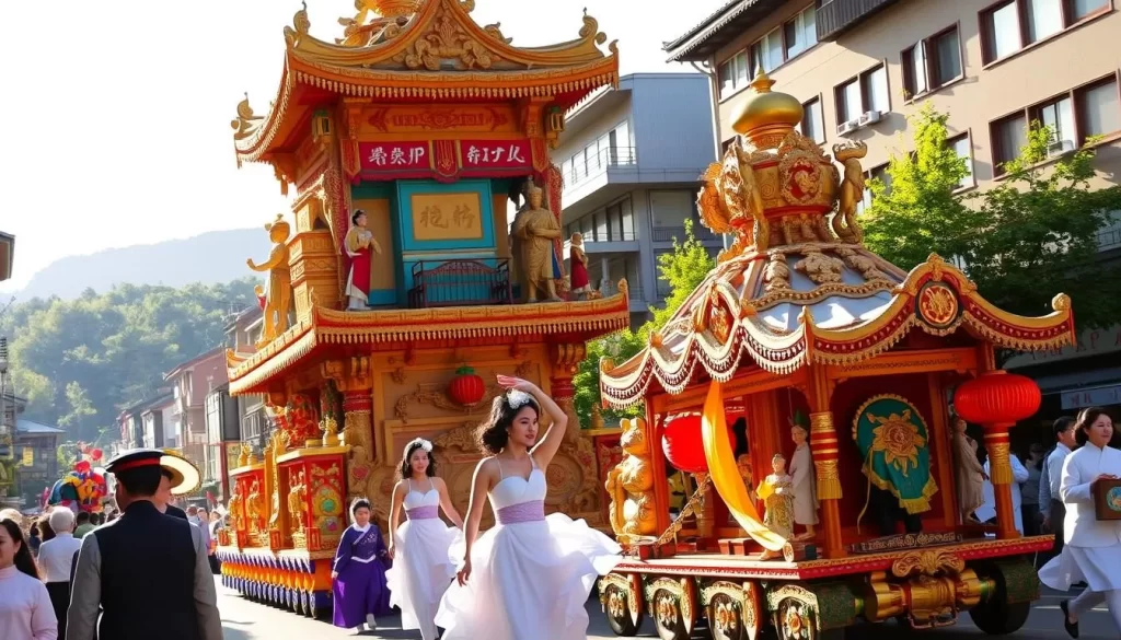 Vibrant Takayama festival floats parade through a sun-dappled street, their intricate carvings and vibrant colors glowing under the warm afternoon light. In the foreground, a grand, ornately decorated float looms, its detailed sculptures and ornate tapestries capturing the essence of traditional Japanese craftsmanship. In the middle ground, smaller floats with elegant dancers and musicians add to the festive atmosphere, their movements fluid and graceful. The background is filled with the historic buildings and lush greenery of Takayama, creating a picturesque setting for this iconic celebration.
