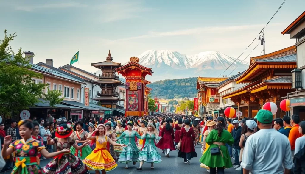 Vibrant Yamagata festivals unfold against a backdrop of historic buildings and lush greenery. In the foreground, colorfully costumed performers dance and parade through the streets, their intricate movements captured in mid-motion. The middle ground features towering floats adorned with intricate carvings and vibrant tapestries, surrounded by enthusiastic crowds. In the distance, the silhouettes of Mount Gassan and Mount Chokai loom, their snow-capped peaks bathed in warm, golden light. The atmosphere is one of joyous celebration, with the energy of the festivities palpable in every detail.