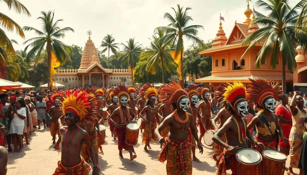 Vibrant and colorful Benin festivals unfold in a lively town square. In the foreground, a parade of dancers in traditional masks and elaborate costumes sway to the beat of pulsing drums. A middle ground filled with cheering crowds creates an energetic atmosphere. In the background, intricately decorated temples and lush palm trees set the cultural stage. Warm, golden sunlight filters through the scene, illuminating the joyous festivities that celebrate Benin's rich heritage. Capture the essence of Benin's vibrant festivals with a cinematic, documentary-style perspective.