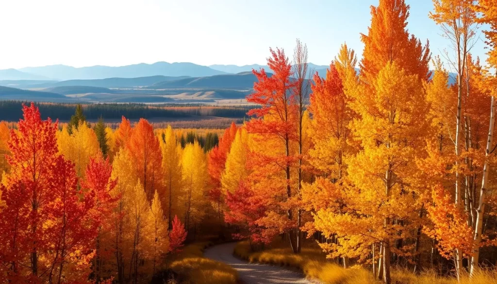 Vibrant autumn foliage cascading across a tranquil landscape in the Canadian province of Alberta. Lush maple, birch, and aspen trees bathed in warm, golden sunlight, their leaves ablaze with hues of crimson, amber, and ochre. A serene forest path winds through the colorful canopy, inviting the viewer to step into the scene. In the distance, rolling hills and mountains frame the picturesque vista, creating a harmonious blend of natural beauty. The crisp, clean air and soft, diffused lighting evoke a peaceful, contemplative mood, perfectly capturing the essence of fall in this stunning region.