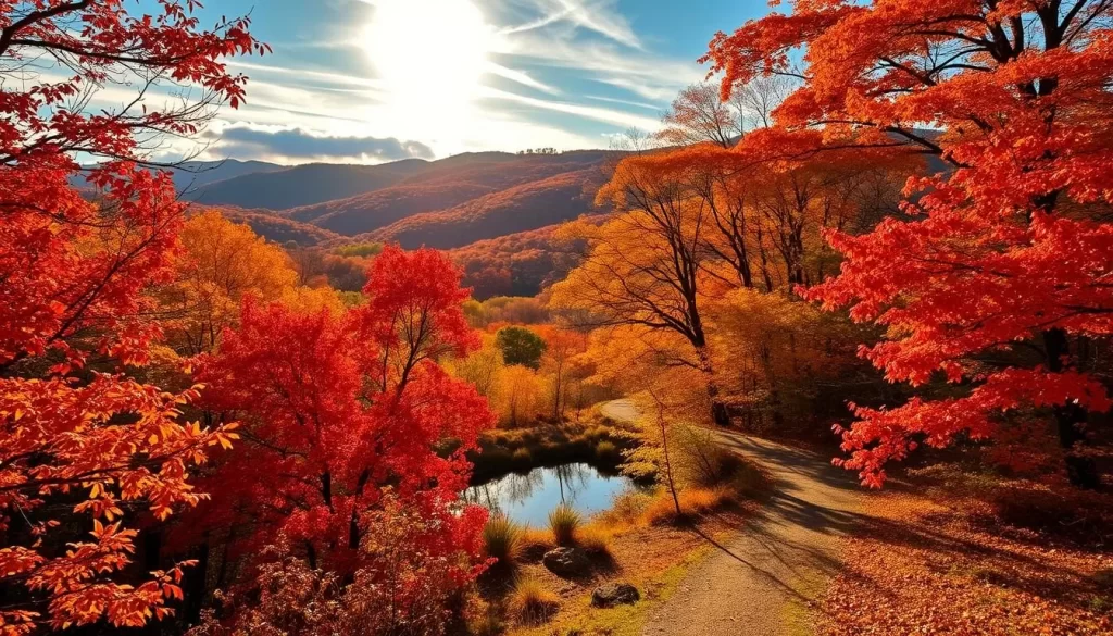 Vibrant autumn foliage in Saitama's scenic landscape, bathed in warm, golden sunlight filtering through wispy clouds. A serene forest path winds through a tapestry of red, orange, and yellow leaves, inviting the viewer to immerse themselves in the tranquil ambiance. In the middle ground, a small pond reflects the brilliant hues, creating a mirrored effect. The background features rolling hills blanketed in the rich autumnal palette, exuding a sense of peaceful harmony. Capture this picturesque autumn scene in Saitama with a crisp, high-resolution photograph using a wide-angle lens to showcase the depth and grandeur of the natural surroundings.