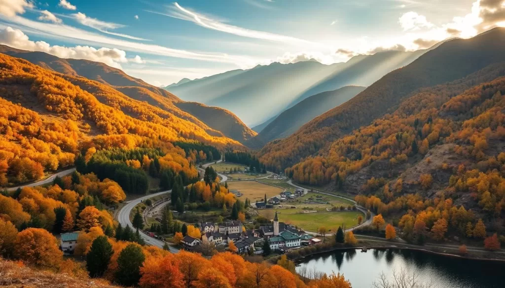 Vibrant autumn landscape in Turkey, golden foliage lining winding roads through rugged, mountainous terrain. Warm sunlight filters through wispy clouds, casting a soft, ambient glow over a patchwork quilt of verdant forests and pastoral meadows. In the foreground, a picturesque village nestled between rolling hills, its traditional architecture aglow with the season's rich, autumnal hues. A serene lake reflects the surrounding scenery, its calm waters mirroring the majesty of the dramatic mountain peaks in the distance. The scene evokes a sense of tranquility and the fleeting beauty of nature's transition.