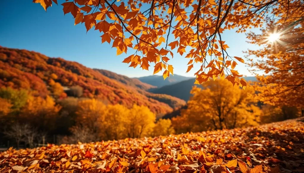 Vibrant autumnal foliage, golden leaves cascading gently in the soft light of a crisp afternoon. A serene landscape in Kōfu City, Japan, showcasing the seasonal splendor. A wide-angle lens captures the rolling hills, with pops of warm orange, red, and yellow hues contrasting against the tranquil blue sky. The foreground is awash in a carpet of fallen leaves, inviting the viewer to immerse themselves in the natural beauty. Soft, diffused lighting illuminates the scene, creating a contemplative, almost nostalgic atmosphere. This image perfectly encapsulates the essence of Kōfu City's seasonal highlights, a visual feast for the senses.