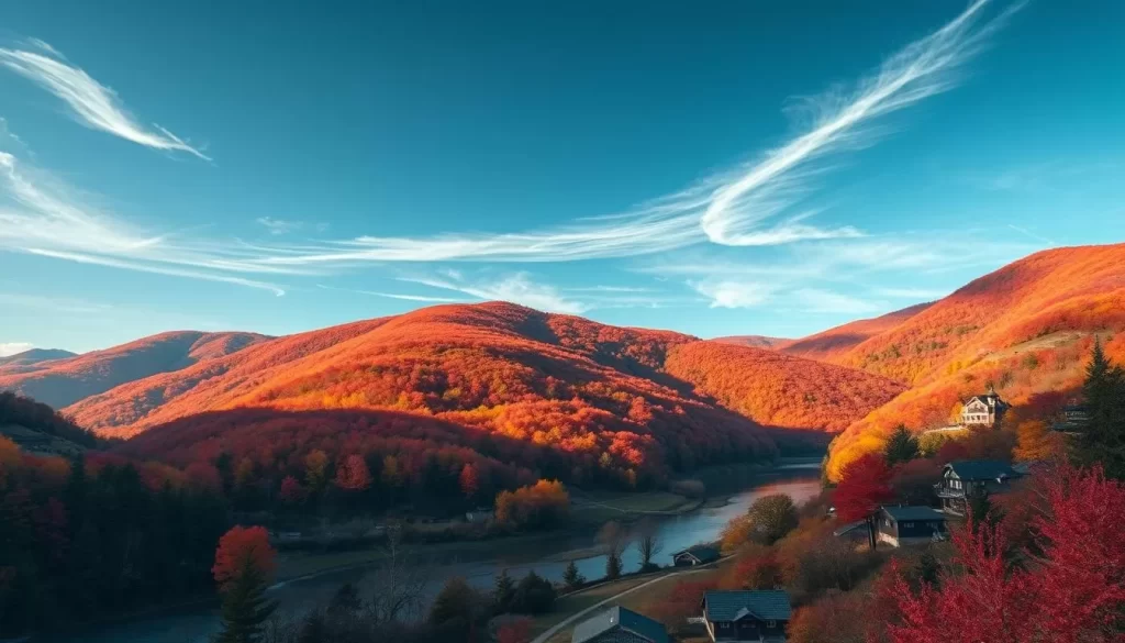 Vibrant crimson and golden foliage cascade down the rolling hills of Kōchi Prefecture, Japan. A serene river winds through the picturesque landscape, reflecting the autumn hues. Crisp sunlight filters through the canopy, casting a warm glow over the scene. In the foreground, traditional farmhouses and barns dot the countryside, hinting at the region's bountiful harvest. Wispy clouds drift across a deep azure sky, completing the idyllic autumnal atmosphere. Capture the essence of Kōchi's spectacular fall foliage and seasonal splendor with this natural, cinematic composition.