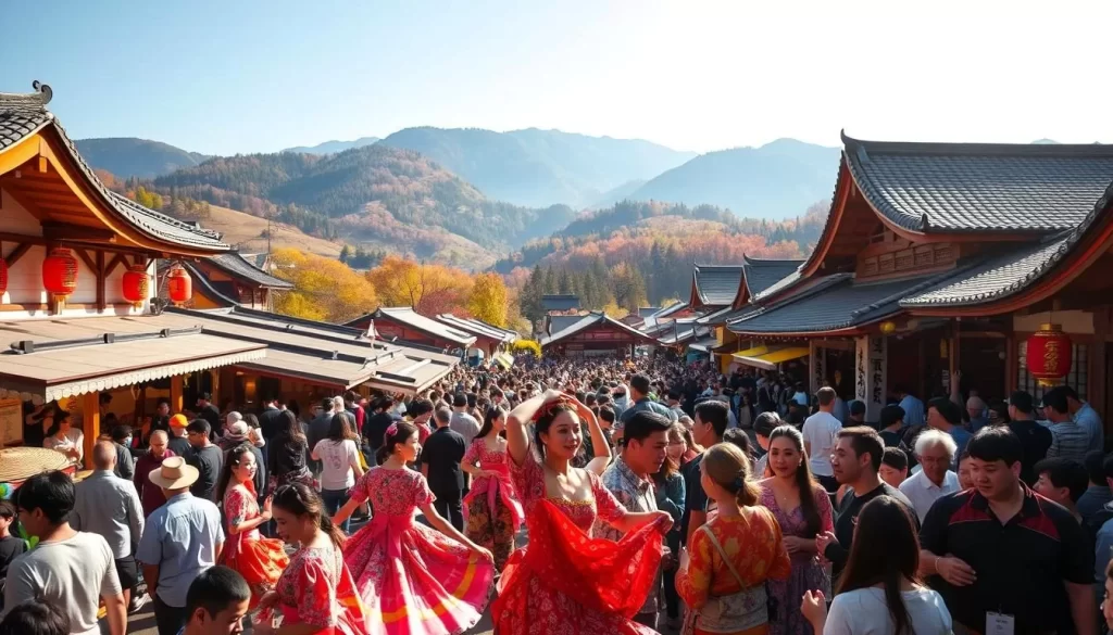 Vibrant crowds gather in Gunma Prefecture, Japan, as the seasons change, celebrating centuries-old festivals. In the foreground, colorfully dressed performers dance and twirl, their movements graceful and energetic. The middle ground showcases traditional food stalls, lanterns, and intricate decorations, immersing visitors in the rich cultural heritage. In the background, picturesque landscapes of rolling hills, lush forests, and towering mountains set the stage for these joyous events. Warm sunlight bathes the scene, creating a soft, inviting atmosphere. The overall composition conveys the warmth, tradition, and community spirit that define Gunma's beloved seasonal festivals.