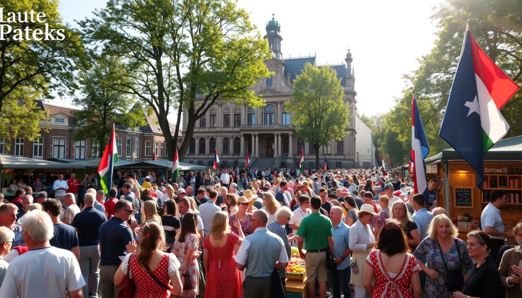 Vibrant crowds gathered in a Dutch town square, colorful traditional costumes and flags fluttering in the light breeze. Vendors sell fresh produce, baked goods, and handcrafted wares as locals and tourists mingle. In the background, a grand historic building with ornate architecture serves as a stunning backdrop. Sunlight filters through lush trees, casting a warm glow over the lively scene. The air is filled with the joyful sounds of music, laughter, and conversation, capturing the spirit of the Netherlands' vibrant festival culture.