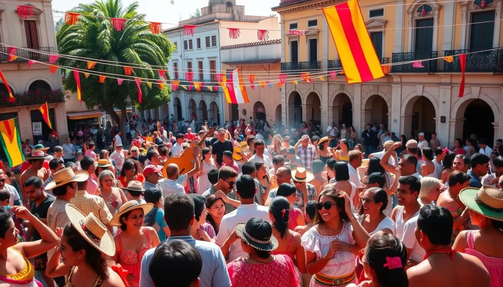 Vibrant crowds gathered in a lively Panamanian town square, adorned with colorful banners and festive decorations. People in traditional garments dance to the rhythm of live music, their joyful expressions captured in natural daylight. The scene radiates an atmosphere of celebration, with the warm sun casting a soft glow on the revelers. In the background, historic colonial buildings provide a picturesque backdrop, hinting at Panama's rich cultural heritage. The image should convey the energy, diversity, and vibrancy of Panama's renowned festival culture.