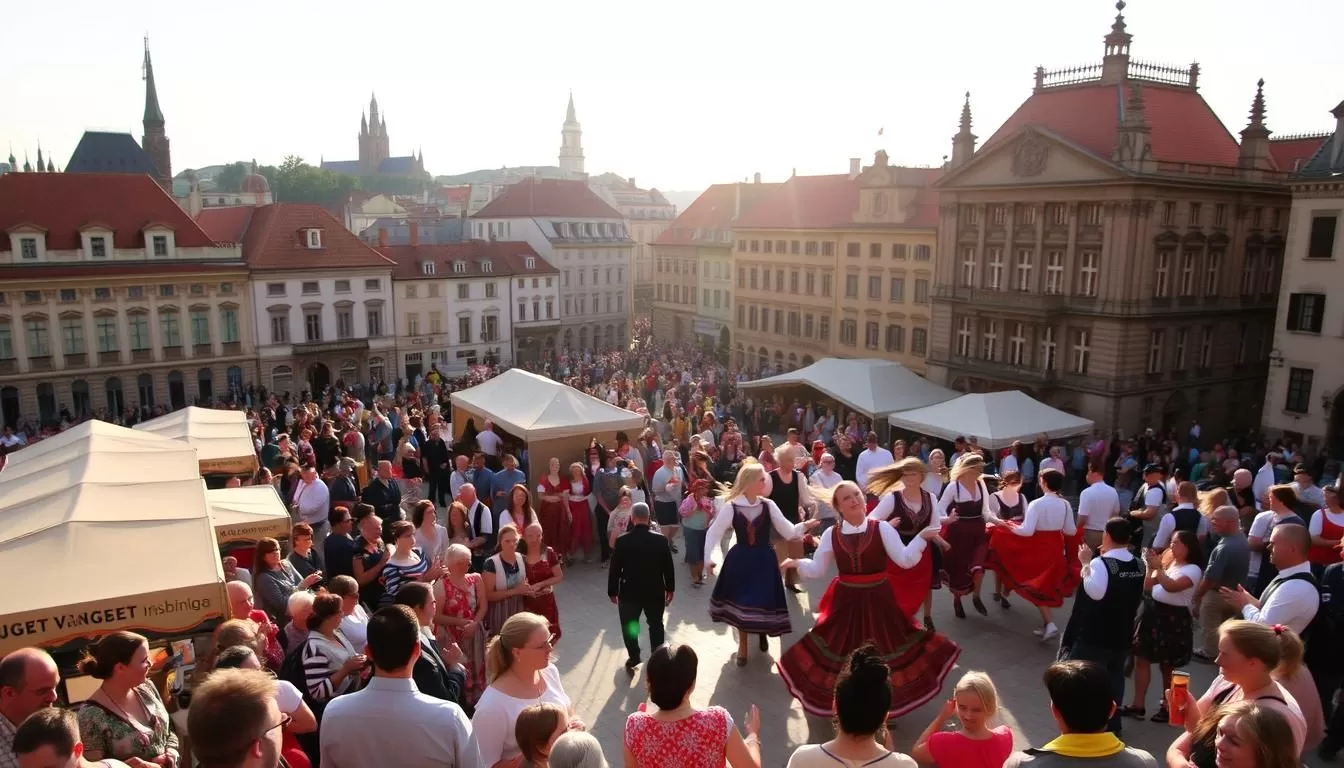 Vibrant-cultural-festivals-in-Hungary-featuring-traditional-folk-dancers-in-colorful-costumes- Vibrant cultural festivals in Hungary, featuring traditional folk dancers in colorful costumes swirling and twirling under a warm, golden sunlight. In the foreground, a lively crowd gathers around a central stage, their faces filled with joy and excitement. In the middle ground, stalls selling handcrafted goods and local delicacies line the streets, creating a bustling, festive atmosphere. In the background, historic buildings and landmarks provide a picturesque backdrop, showcasing the rich heritage and architecture of Hungary.