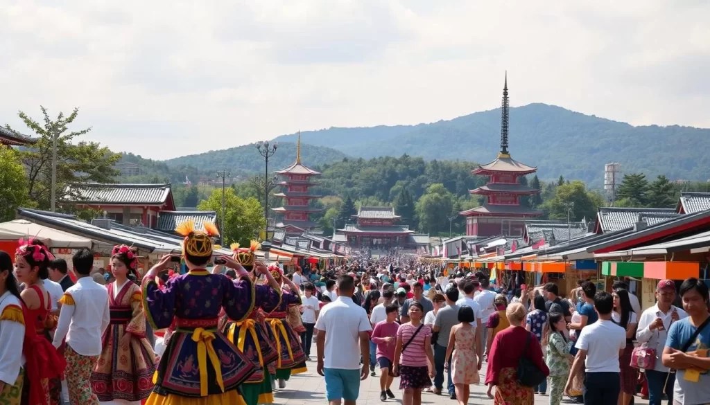 Vibrant cultural festivals unfold against the backdrop of a serene Japanese landscape. In the foreground, costumed performers gracefully move to the rhythm of traditional music, their intricate outfits and vibrant colors creating a mesmerizing spectacle. In the middle ground, bustling crowds gather around colorful stalls, sampling local delicacies and browsing handcrafted wares. In the distance, towering pagodas and lush greenery set the scene, bathed in the warm glow of a beautiful day. The atmosphere is one of joyous celebration, inviting the viewer to immerse themselves in the rich tapestry of Japanese culture.
