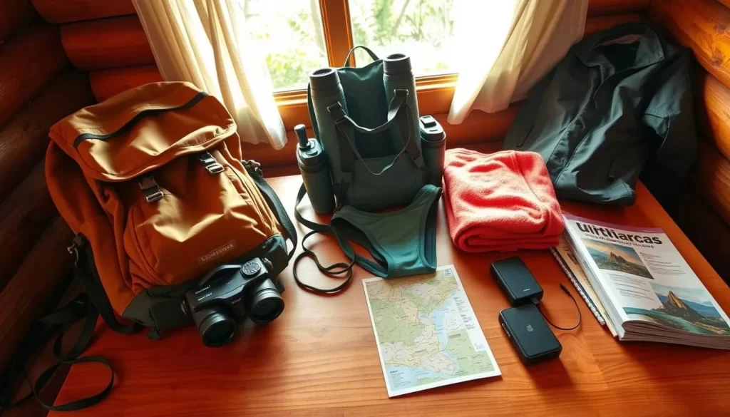 Vibrant daylight filters through a cozy cabin in the Honduran countryside. On the wooden table, an array of practical essentials neatly arranged: a sturdy hiking backpack, binoculars for wildlife viewing, a swimsuit and towel for refreshing dips, a lightweight rain jacket, and a portable charger. Next to them, a detailed map and guidebook offer insight into the region's diverse landscapes and cultural attractions. The warm, earthy tones create a sense of rustic adventure, hinting at the immersive experiences waiting to unfold in this weather-varied Central American gem.
