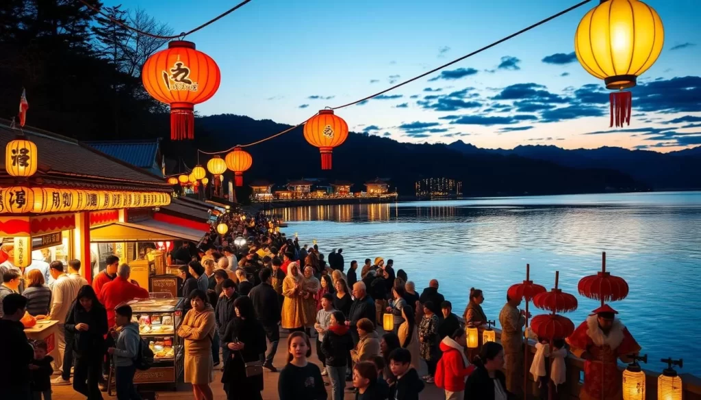 Vibrant evening scene of the Lake Inawashiro Festival in Japan. A picturesque lakeside setting with traditional Japanese lanterns illuminating the lively crowd. Colorful food stalls, performers in ornate costumes, and families gathered to enjoy the festivities. The tranquil waters of the lake reflect the warm glow of the lanterns, creating a serene and magical atmosphere. A medium-wide angle lens captures the full scope of the event, with a focus on the interplay of light, color, and cultural traditions against the backdrop of the stunning natural landscape.