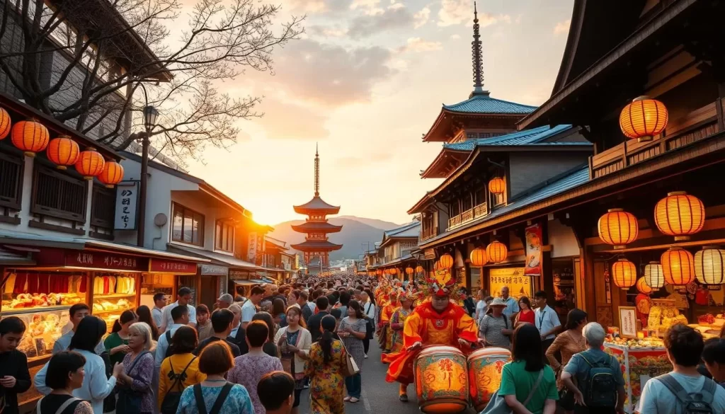 Vibrant festival scene in a lively Japanese town, with crowds of people wearing colorful traditional attire and carrying lanterns. The foreground features a procession of performers dressed in elaborate costumes, dancing and drumming to the rhythmic beat of taiko drums. In the middle ground, vendors offer an array of festive snacks and handcrafted goods. The background showcases traditional wooden structures and pagodas, bathed in the warm glow of sunset lighting. The atmosphere is one of joy, celebration, and cultural immersion, capturing the essence of a Wakayama festival.