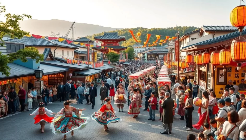 Vibrant festival scene of Ehime Prefecture, Japan. A bustling town square filled with colorfully dressed performers, traditional lanterns, and lively crowds. In the foreground, dancers in intricate costumes twirl and sway to the rhythm of taiko drums. In the middle ground, vendors sell local delicacies and crafts amidst a sea of vibrant banners and flags. The background features iconic architecture, temples, and lush greenery, all bathed in warm, golden sunlight. The atmosphere is one of joyous celebration, cultural heritage, and community spirit. Captured with a wide-angle lens to convey the expansive energy of the festival.