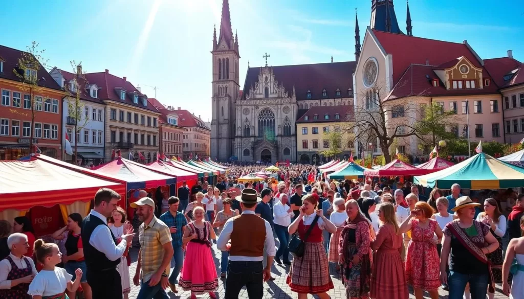 Vibrant festivals in Poland: A bustling town square filled with colorful tents, folk musicians playing lively tunes, and locals in traditional costumes dancing joyfully. In the background, a grand cathedral stands tall, its spires reaching towards the clear blue sky. Sunlight filters through the scene, casting a warm glow on the festivities. Capture the energy and cultural richness of Poland's lively festivals, with a focus on the foreground celebrations and the picturesque architecture complementing the atmosphere.