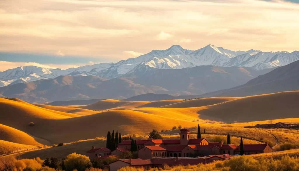 Vibrant rolling hills of Taos, New Mexico, bathed in golden afternoon light. A picturesque adobe village nestled in the foreground, its traditional architecture and red-tiled roofs reflecting the warmth of the landscape. In the middle ground, majestic snow-capped peaks of the Sangre de Cristo Mountains rise majestically, casting long shadows across the scene. Wispy clouds drift overhead, contributing to the serene, tranquil atmosphere. Capture the charm and natural beauty of this enchanting high-desert region, using a wide-angle lens to showcase the expansive vista.