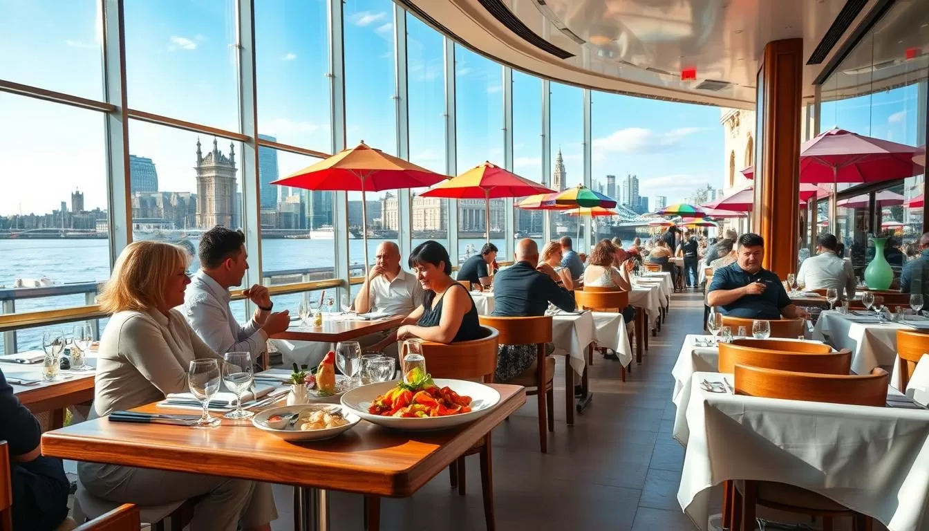 Vibrant seafood restaurants along the bustling Thames river in London, England. An elegant, airy dining room with floor-to-ceiling windows showcasing views of the iconic city skyline. Patrons savor fresh-caught oysters, grilled lobster, and zesty ceviche at polished wooden tables. Soft natural light filters in, casting a warm glow on the scene. Crisp white tablecloths, gleaming silverware, and attentive servers create an atmosphere of sophisticated dining. Outside, colorful umbrellas shade cafe-style seating overlooking the bustling waterfront promenade. A serene, tranquil oasis amidst the lively energy of London.