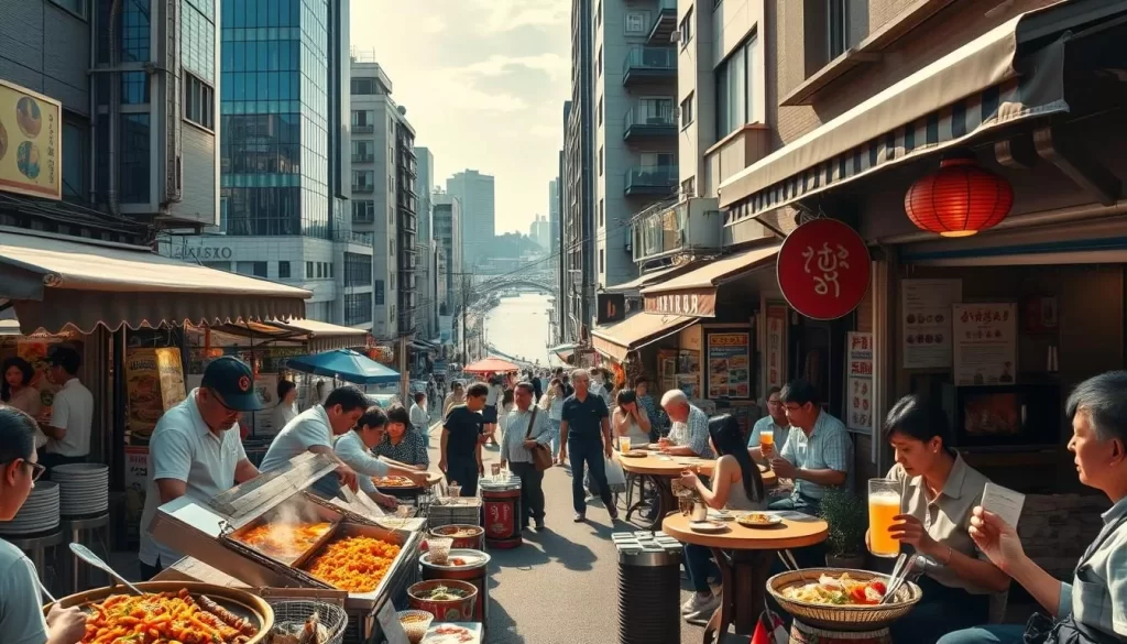 Vibrant street scene in Edogawa, Tokyo, showcasing the diverse international cuisine. In the bustling foreground, street vendors offer an array of aromatic dishes - fragrant curries, sizzling skewers, and colorful noodle bowls. Patrons dine alfresco at cozy sidewalk cafes, sipping on frothy beverages. The middle ground features gleaming high-rises and traditional architecture, blending the modern and the historic. In the background, the serene Edo River winds its way, reflecting the warm daylight. Warm tones, natural lighting, and a lively atmosphere capture the vibrant culinary spirit of this dynamic neighborhood.