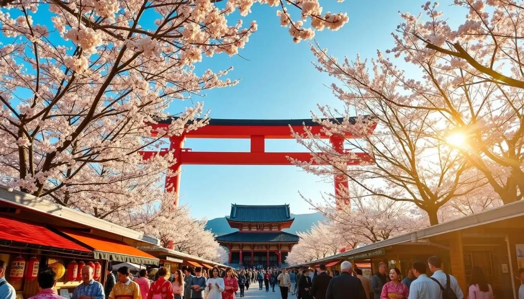 Vibrant street scene in Gunma, Japan during a traditional festival. In the foreground, lively crowds in colorful yukata and happi coats browse stalls selling festive lanterns, treats, and crafts. The middle ground features a towering torii gate framed by rows of cherry blossom trees in bloom. In the background, a grand shrine with tiled roofs and intricate architecture stands proud against a clear blue sky. Warm golden light filters through the scene, creating a sense of joyous celebration and cultural immersion.