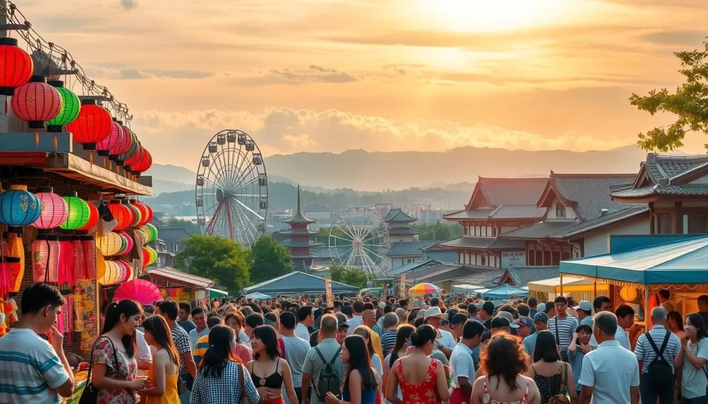 Vibrant summer festivals in Kagawa, Japan: A bustling market stall selling colorful handcrafted lanterns, paper fans, and delectable street food. In the foreground, a cheerful crowd gathers around a traditional dance performance, their faces lit by the warm glow of paper lanterns. In the middle ground, a Ferris wheel and other carnival rides stand tall, casting long shadows across the lively scene. The background is a panoramic view of historic temples and shrines, their roofs adorned with curved eaves, surrounded by lush greenery. Warm, golden sunlight filters through wispy clouds, creating a magical, celebratory atmosphere.