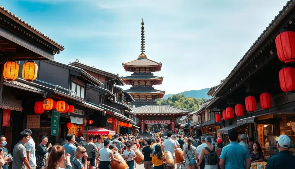 Vibrant summer festivities in historic Kyoto, Japan. A lively scene of crowds weaving through narrow streets lined with traditional wooden structures. Colorful lanterns and banners adorn the facades, casting a warm, golden glow. Vendors offer an array of delectable street food, the aroma wafting through the air. In the middle ground, a stage hosts energetic taiko drumming performances, while people gather to watch, captivated by the thunderous rhythms. In the background, the iconic Kiyomizudera temple stands tall, its pagoda silhouetted against a clear, azure sky. An atmosphere of joyous celebration, where the rich cultural heritage of Kyoto shines through the vibrant summer festivities.