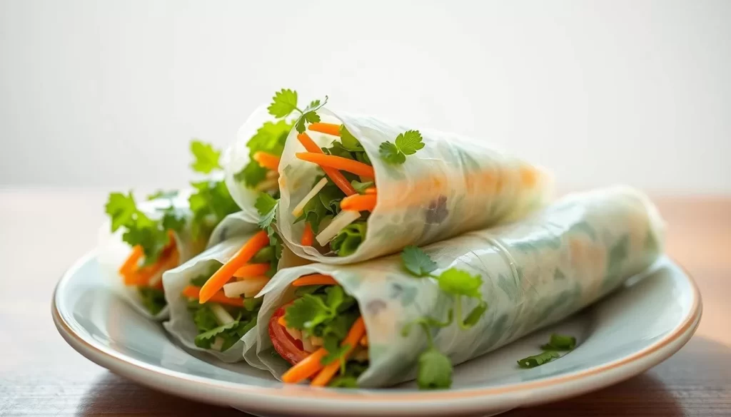 Vietnamese spring rolls with fresh herbs, crisp vegetables, and a delicate rice paper wrap, backlit by soft natural light and set against a clean, minimal background. Capture the vibrant colors and textures, with a shallow depth of field to emphasize the artful plating. Convey the authentic flavors and aromas of this beloved Vietnamese signature dish in a visually appetizing manner.