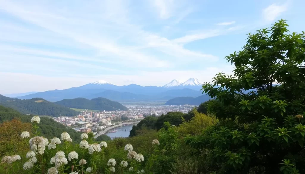 Wakayama Prefecture, Japan, during the four seasons: a serene landscape bathed in soft, natural light. In the foreground, lush green foliage and blossoming flowers sway gently in a calm breeze. The middle ground features a picturesque town nestled between rolling hills, its traditional architecture complemented by vibrant colors. In the background, majestic mountains rise, their peaks dusted with snow during the winter months. The sky above transitions from clear blue to pastel hues, with wispy clouds drifting lazily. Capture the tranquil atmosphere and the harmony between the natural world and human habitation that defines Wakayama's year-round charm.